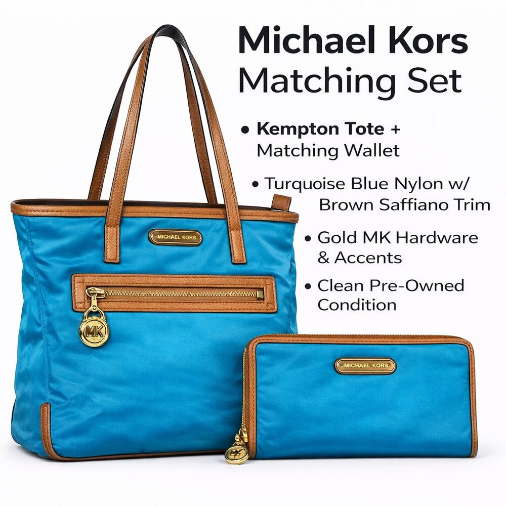 Michael Kors Kempton Tote + Matching Wallet Turquoise Set Nylon Leather